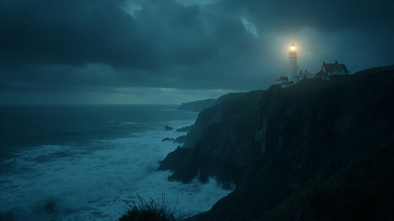 A lighthouse on a cliff during a storm at night, waves crashing, slow dolly-in, cinematic lighting