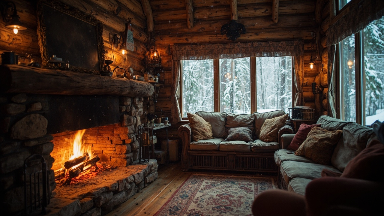A cozy cabin interior with a crackling fireplace, snow falling outside the window, slow pan