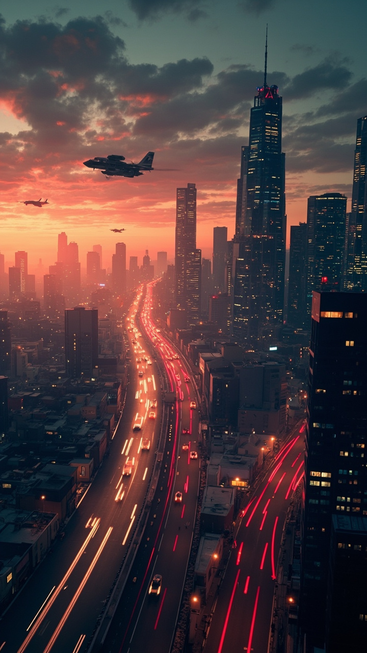 A futuristic city skyline at dusk with flying cars, light trails, slow push-in, blade runner mood
