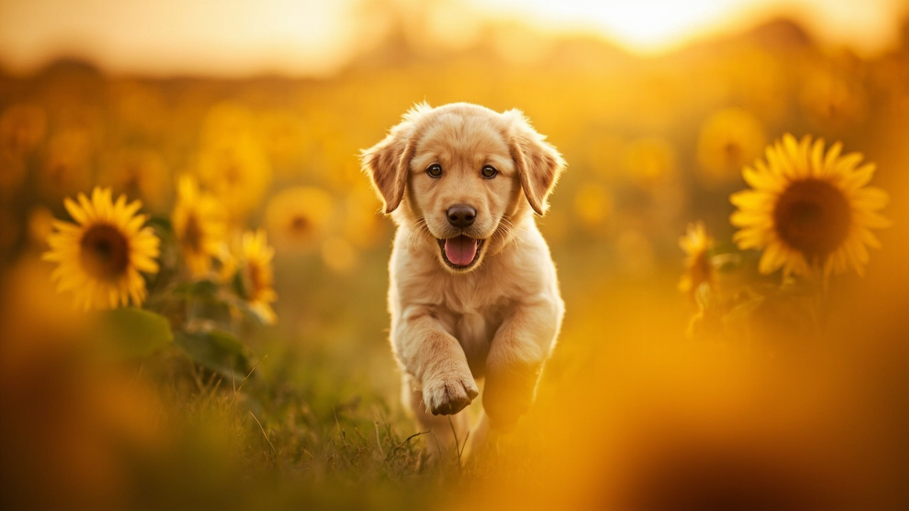 A golden retriever puppy running through a field of sunflowers, slow motion, backlit by the sun