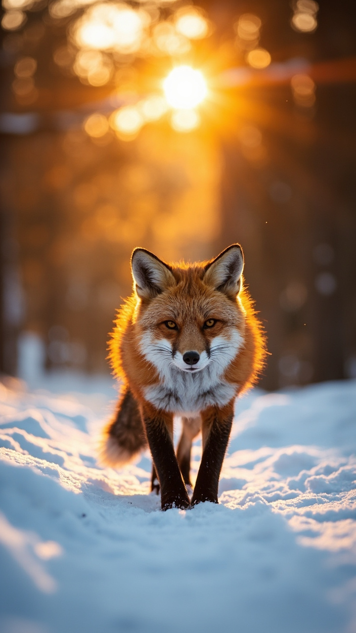A red fox walking through fresh snow in a pine forest at sunrise, low tracking shot, soft golden light