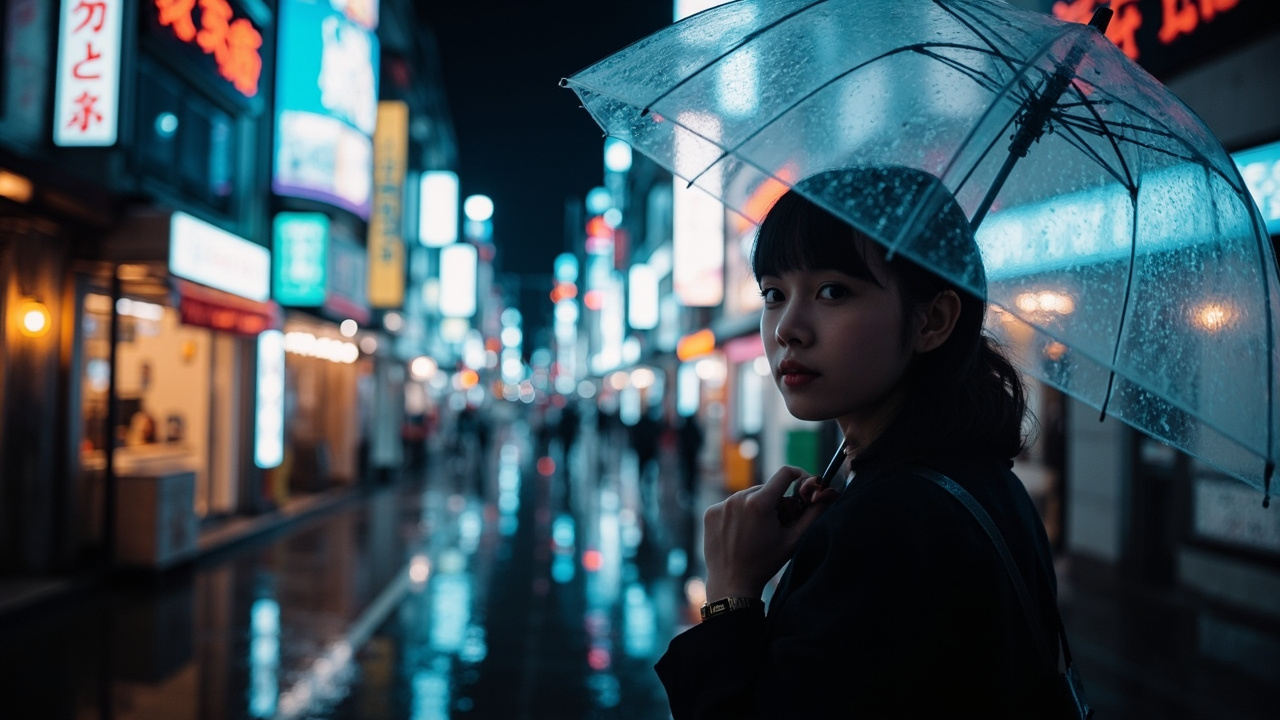 Neon-lit Tokyo street in the rain, a woman with a clear umbrella turns to the camera, shallow depth of field