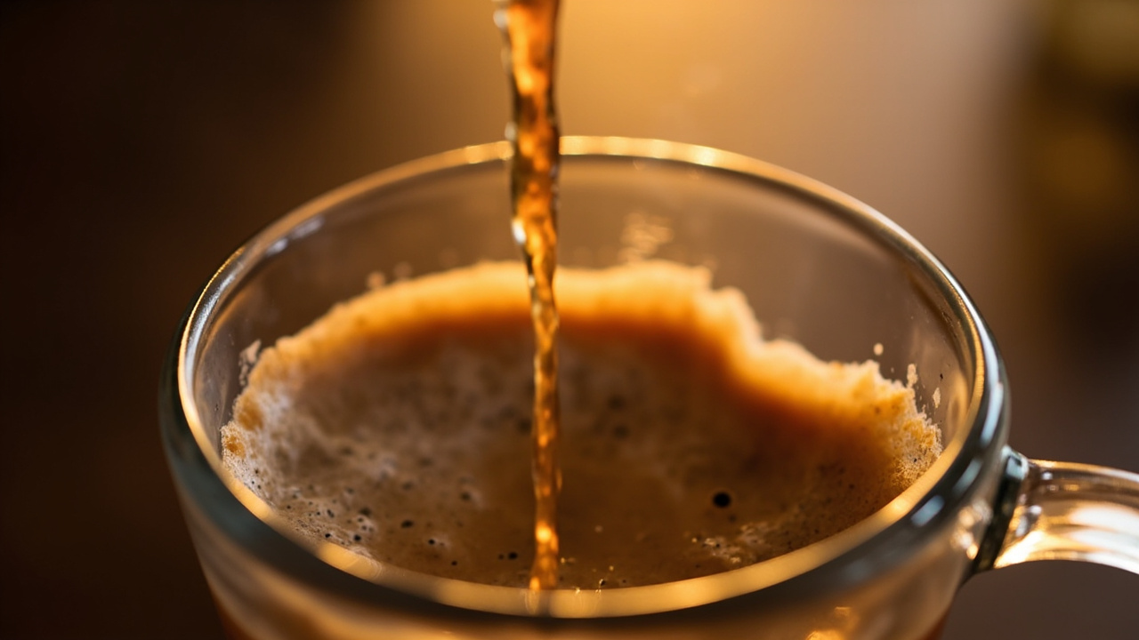 Macro shot of coffee being poured into a glass cup, swirling cream, steam rising, warm cafe light