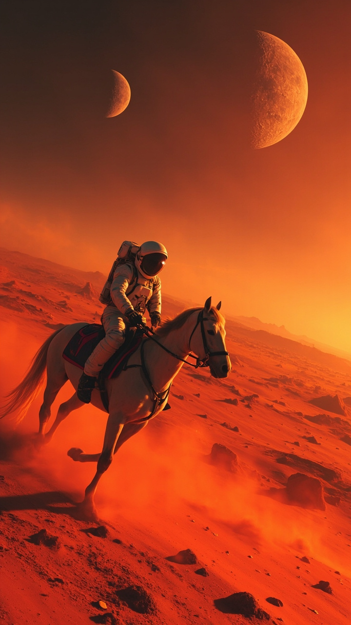 An astronaut riding a horse across a red desert planet, two moons in the sky, wide aerial shot