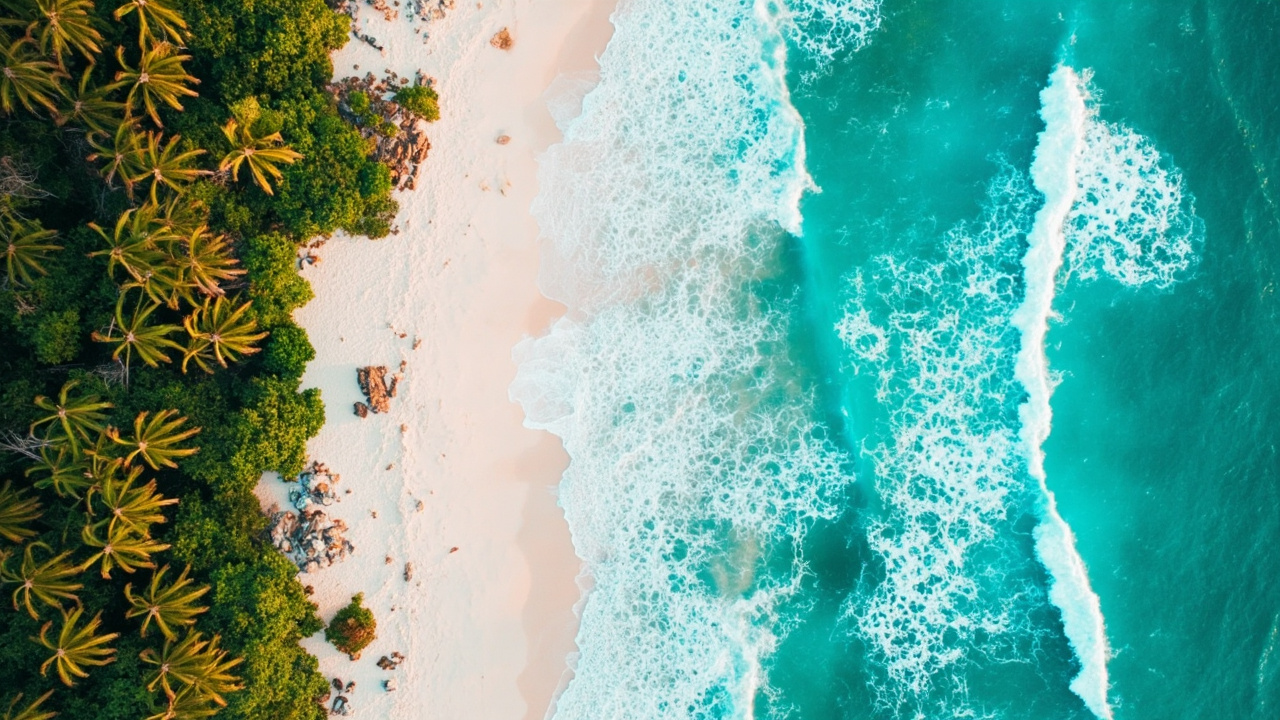 Aerial drone shot over turquoise ocean waves hitting a white sand beach, palm trees, summer afternoon