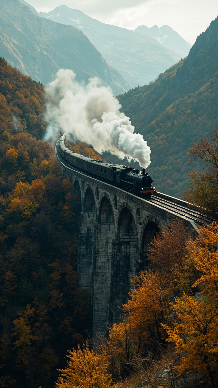 A vintage train crossing a stone bridge in autumn mountains, steam trailing, wide cinematic shot