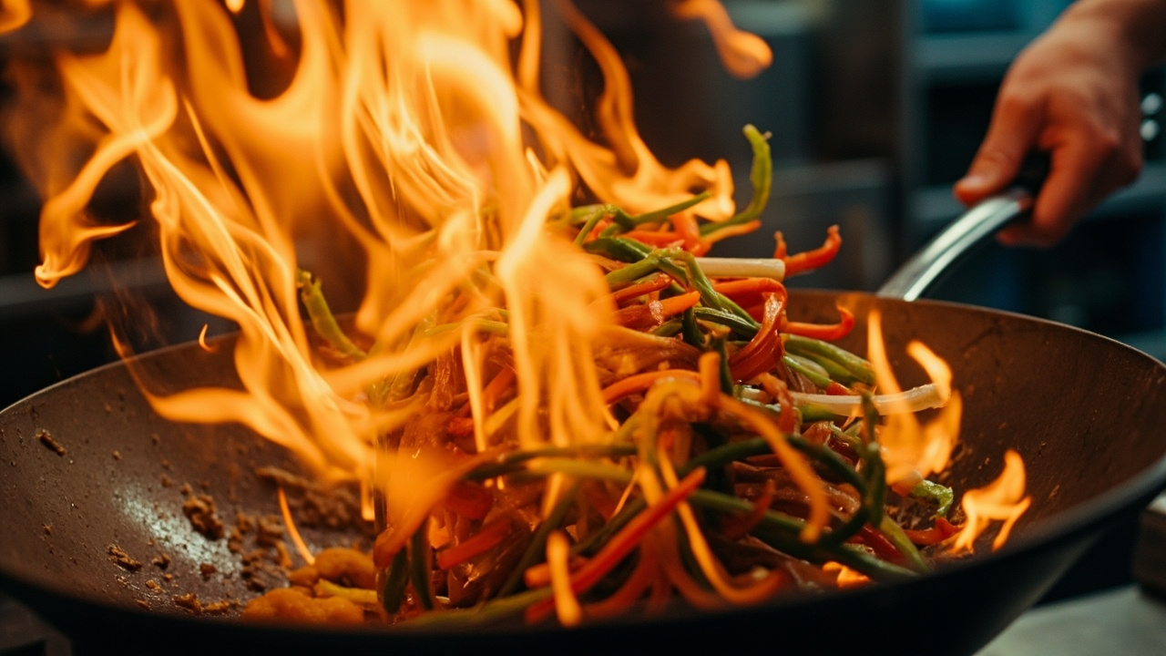 Close-up of a chef tossing vegetables in a flaming wok, sparks, fast motion, restaurant kitchen